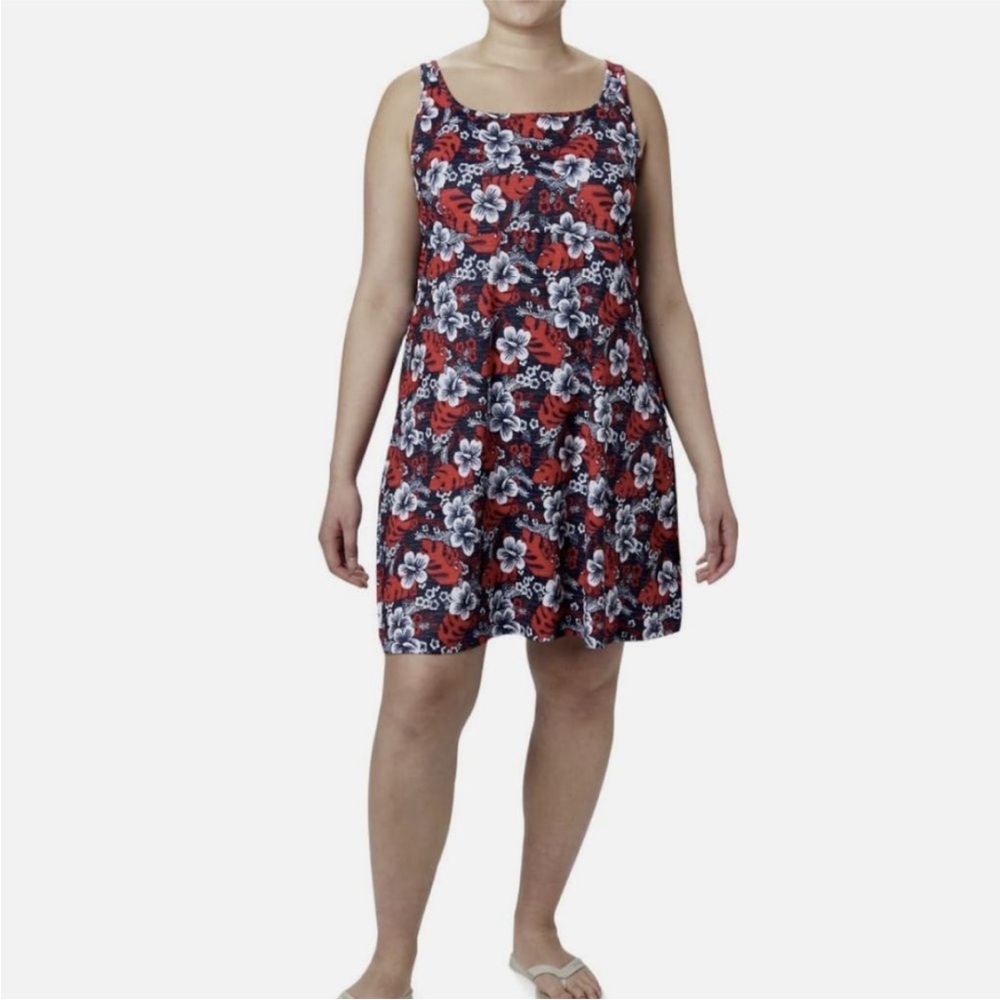 COLUMBIA Navy Red Hibiscus Print 1x plus size  Freezer lii Dress vacay vibes  1